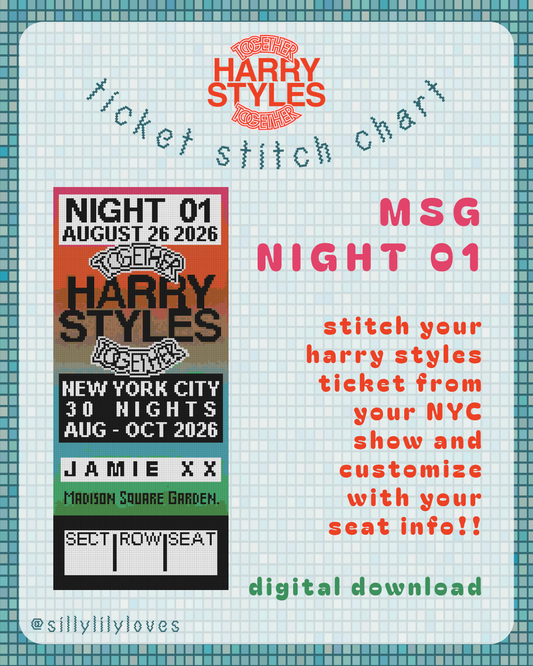 Harry Styles Night 01 NYC 2026 Tour Ticket Stitch Chart - Digital Download for Needlepoint & Cross Stitch