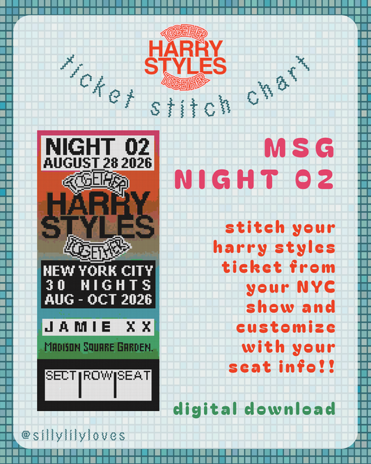 Harry Styles Night 02 NYC 2026 Tour Ticket Stitch Chart - Digital Download for Needlepoint & Cross Stitch