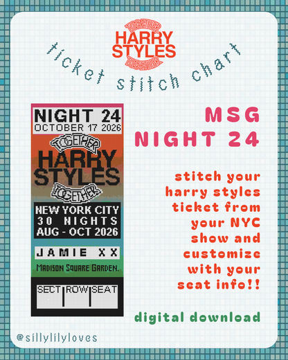Harry Styles Night 24 NYC 2026 Tour Ticket Stitch Chart - Digital Download for Needlepoint & Cross Stitch