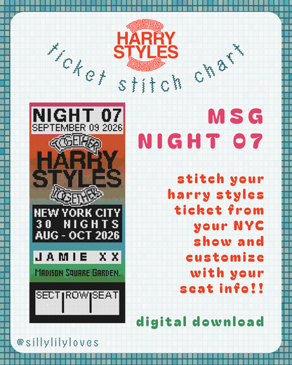 Harry Styles Night 07 NYC 2026 Tour Ticket Stitch Chart - Digital Download for Needlepoint & Cross Stitch