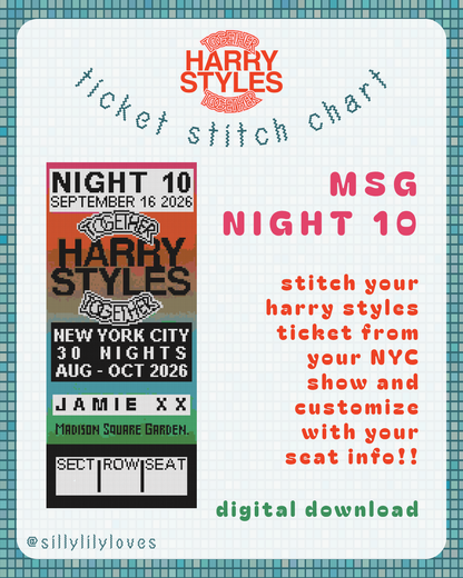 Harry Styles Night 10 NYC 2026 Tour Ticket Stitch Chart - Digital Download for Needlepoint & Cross Stitch